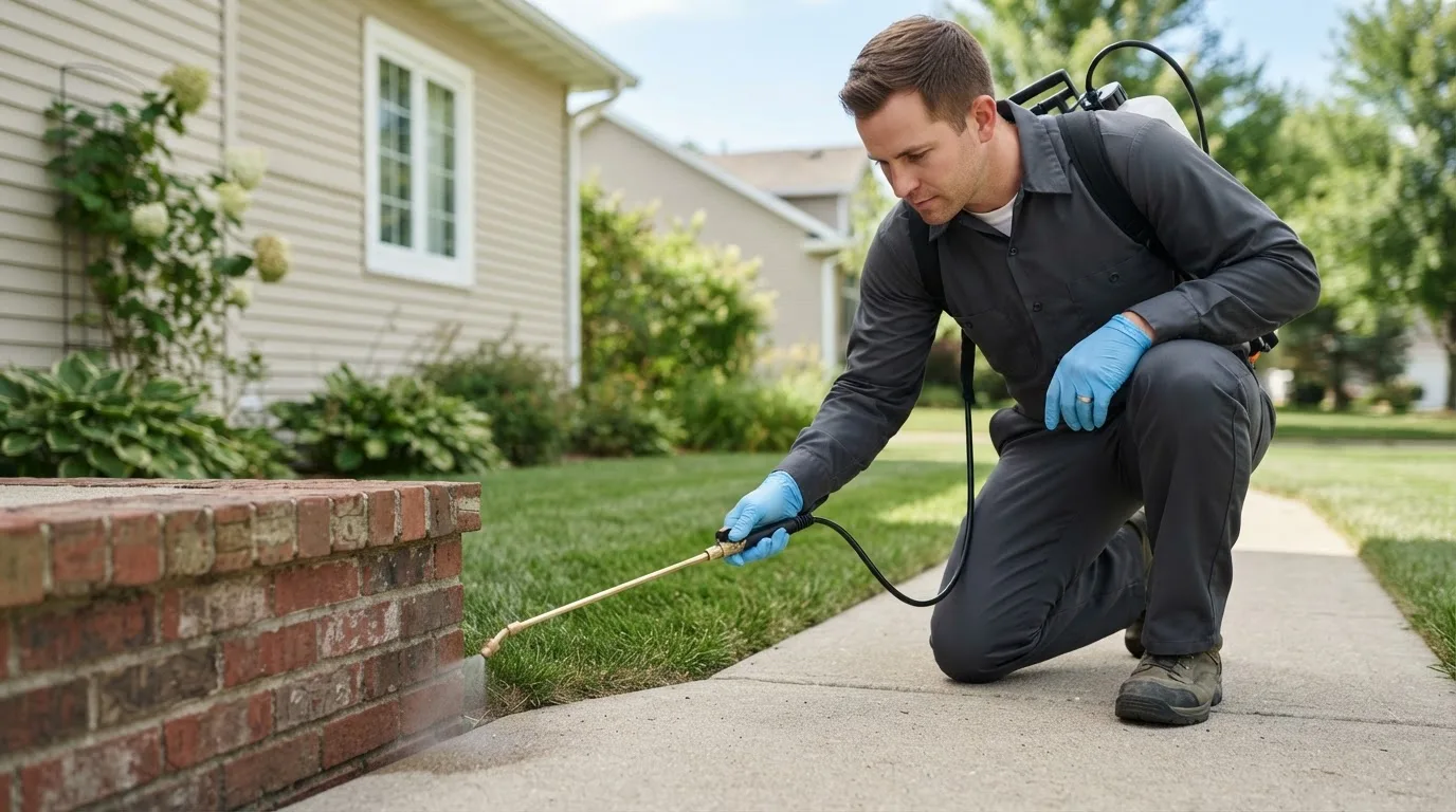 Pest control technician treating a home near New Paris, OH