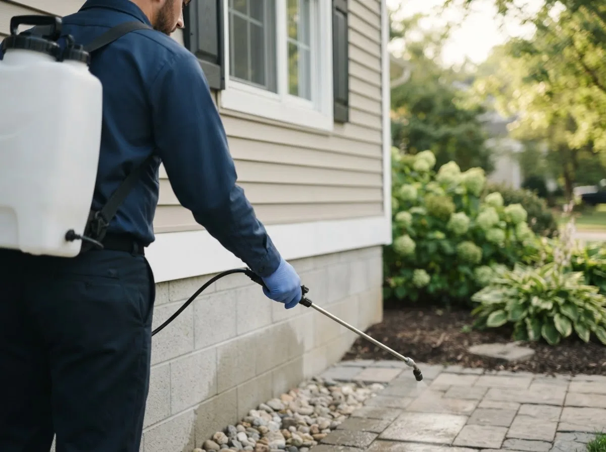 Pest control technician inspecting a home in New Paris, OH